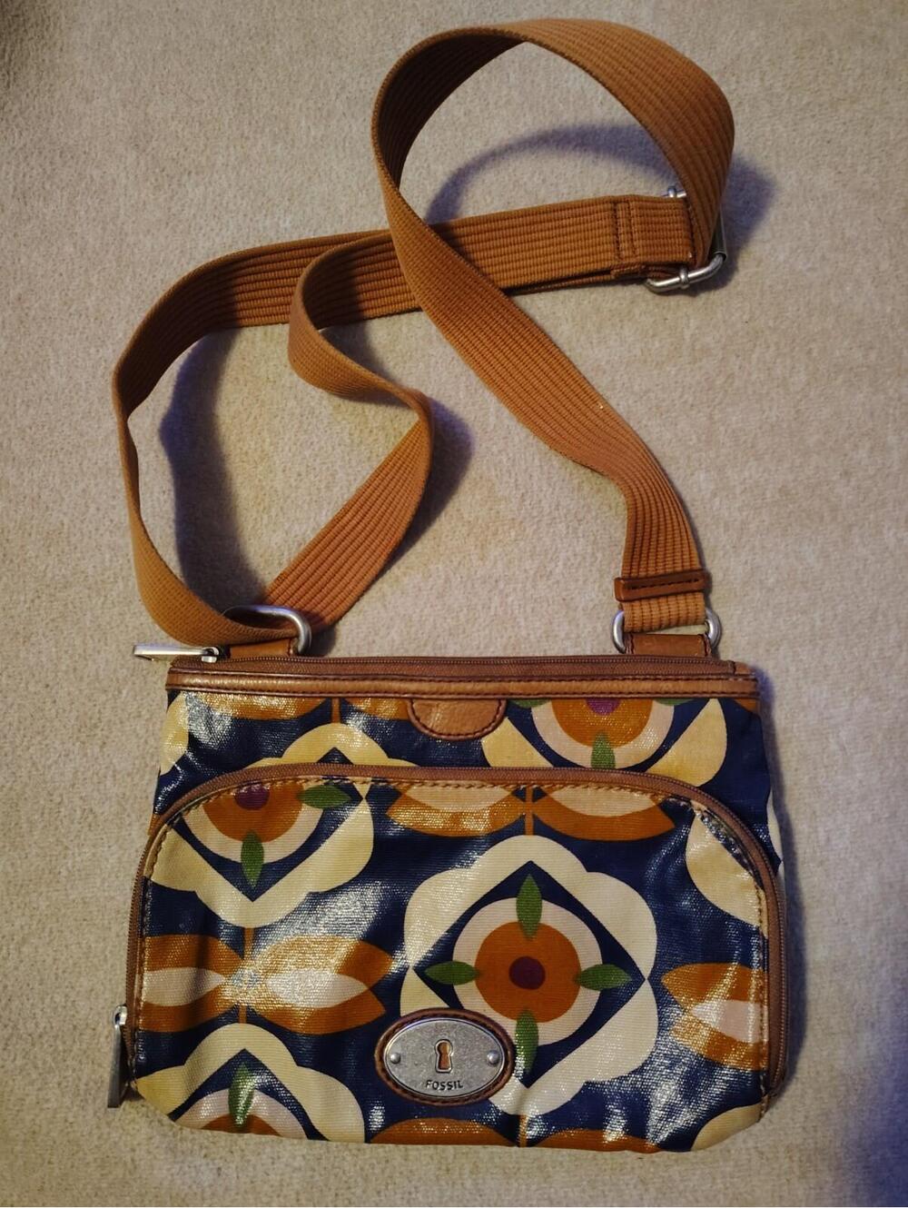 fossil key per Crossbody Bag Navy And Orange Coated Canvas Leather Trim Zip